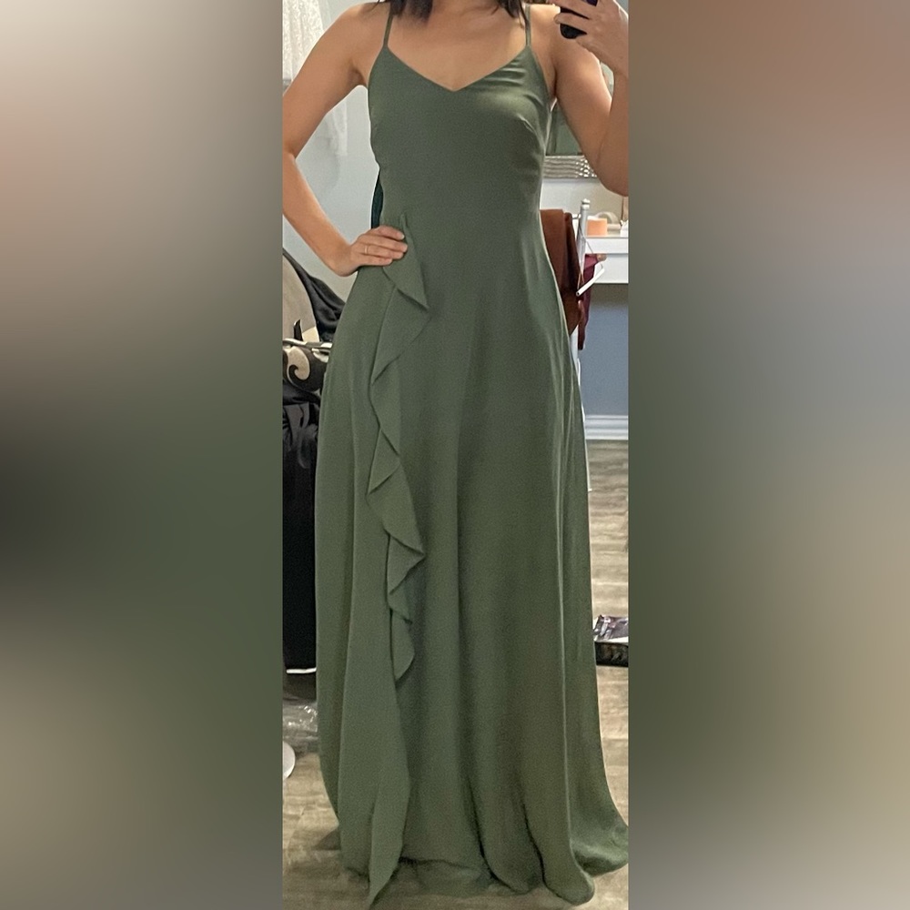 Birdy Grey Theresa Chiffon Bridesmaid Maxi Dress Size XS Olive